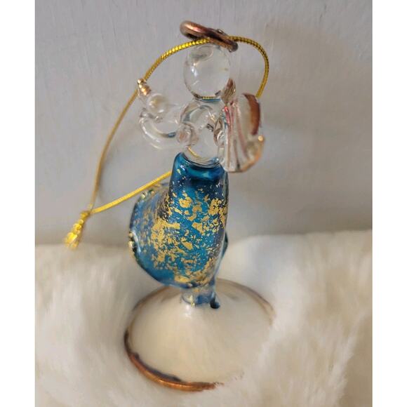 Angel Hand Blown Glass Ornament Blue, Gold and Clear 3" tall Can Stand or Hang - Picture 5 of 7